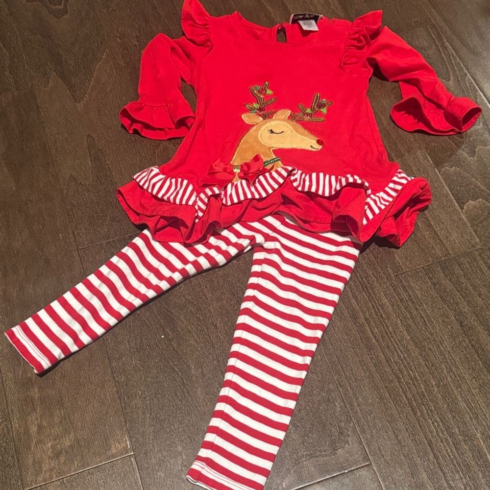 Bundle Red Reindeer Outfit with Striped Leggings